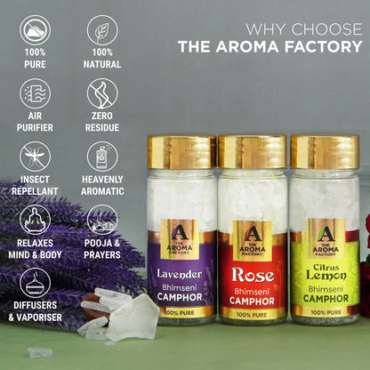 The Aroma Factory Pure Bhimseni Camphor, Lavender, Rose & Citrus Lemon, Zero Residue Kapoor with Fragrance for Pooja, Aarti Kapur | Bottle Pack of 3 x 80gm