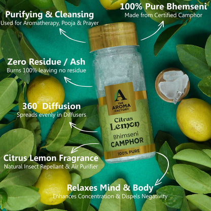 The Aroma Factory Pure Bhimseni Camphor, Lavender, Rose & Citrus Lemon, Zero Residue Kapoor with Fragrance for Pooja, Aarti Kapur | Bottle Pack of 3 x 80gm