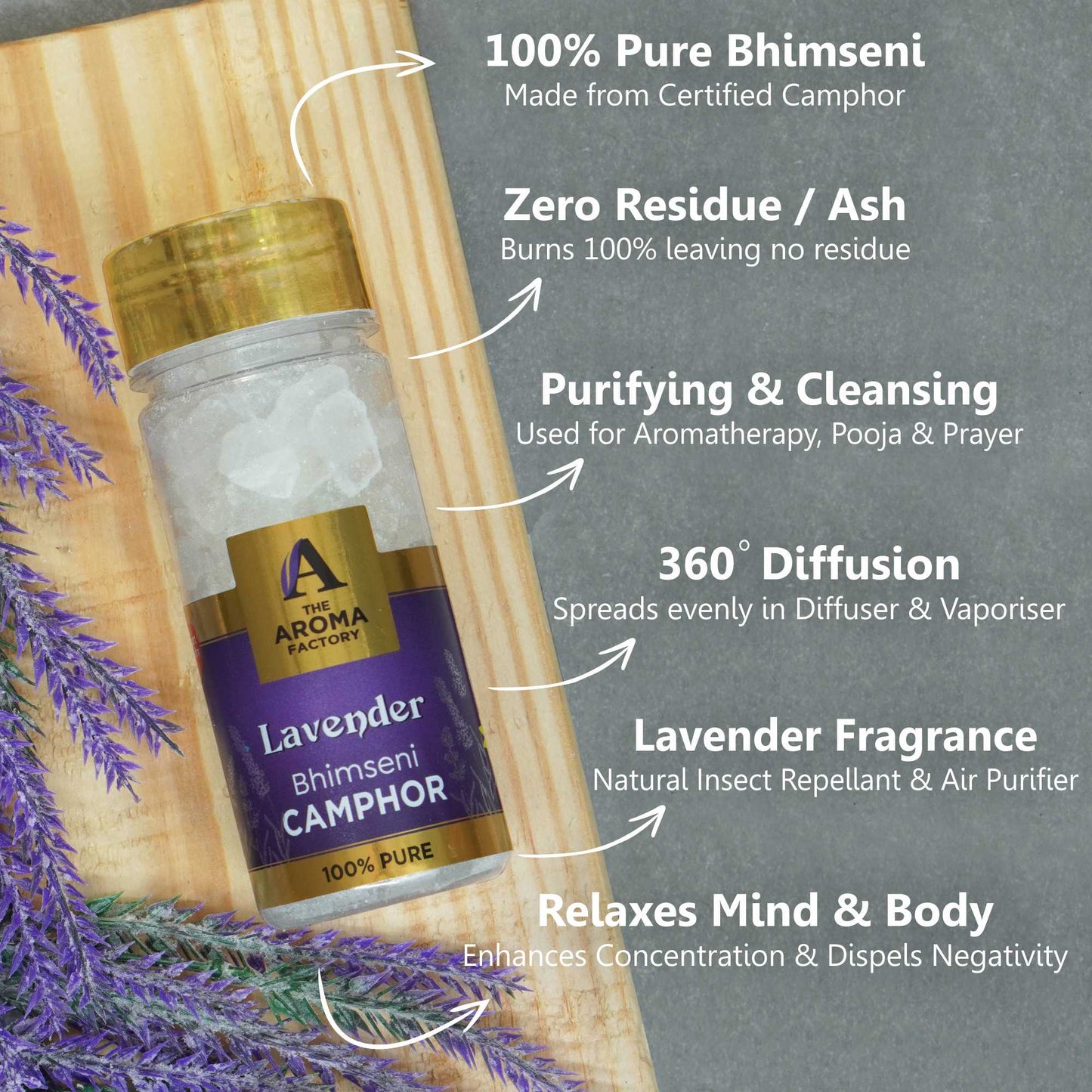 The Aroma Factory Pure Bhimseni Camphor, Lavender, Rose & Citrus Lemon, Zero Residue Kapoor with Fragrance for Pooja, Aarti Kapur | Bottle Pack of 3 x 80gm