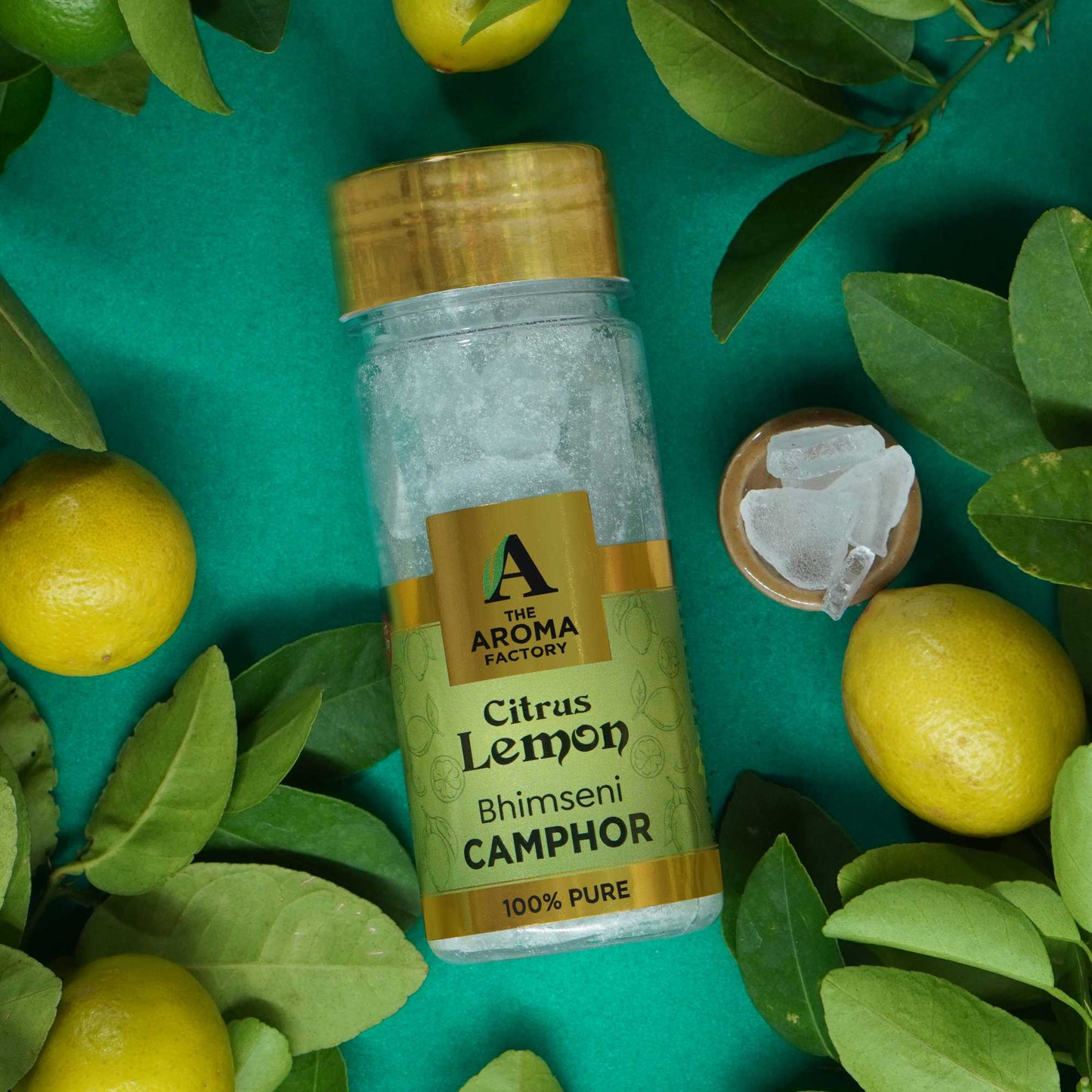 The Aroma Factory Pure Bhimseni Camphor, Citrus Lemon, Zero Residue Kapoor with Fragrance for Pooja, Aarti Kapur | Bottle Pack of 1 x 80gm