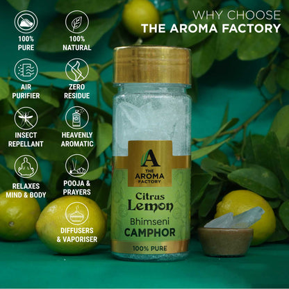 The Aroma Factory Pure Bhimseni Camphor, Citrus Lemon, Zero Residue Kapoor with Fragrance for Pooja, Aarti Kapur | Bottle Pack of 1 x 80gm
