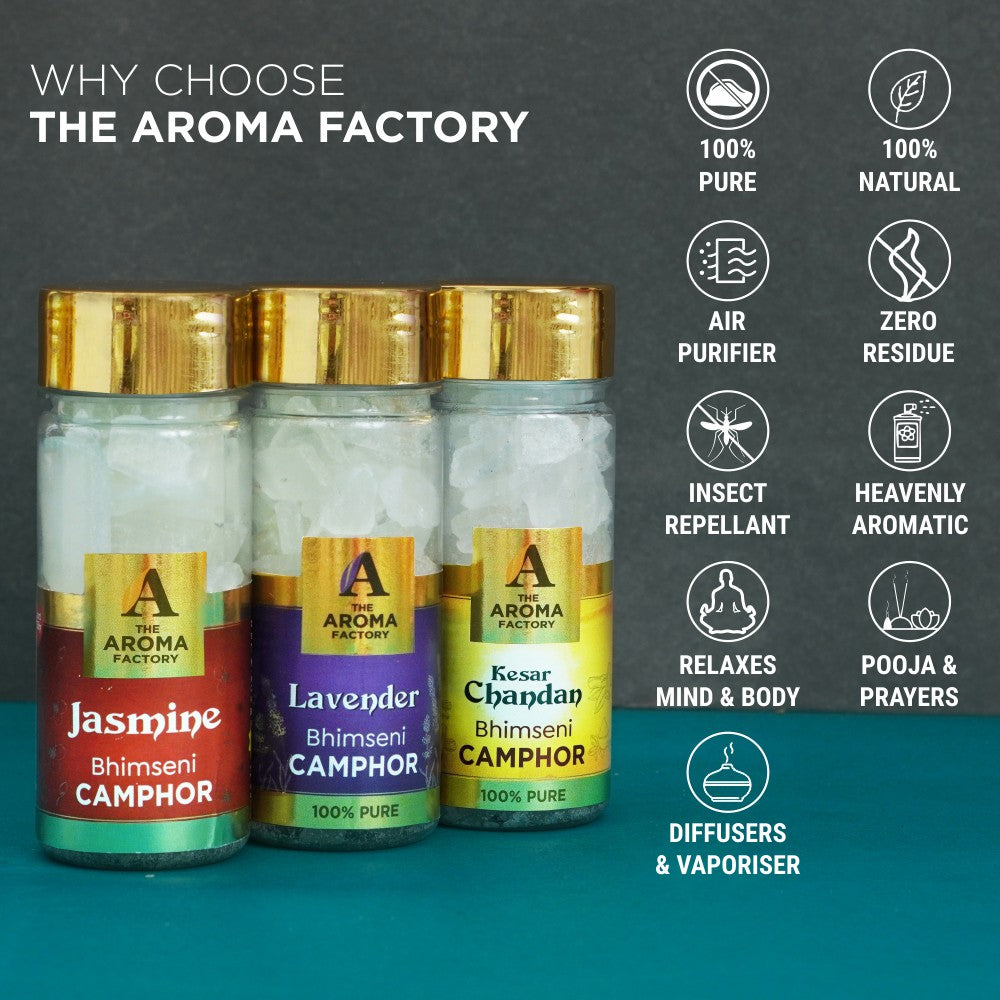 The Aroma Factory Pure Bhimseni Camphor Jasmine ,Lavender & Kesar Chandan, Zero Residue Kapoor with Fragrance for Pooja, Aarti Kapur | Bottle Pack of 3 x 80gm