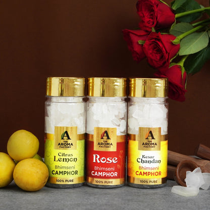 The Aroma Factory Pure Bhimseni Camphor, Citrus Lemon, Rose & Kesar Chandan  Zero Residue Kapoor with Fragrance for Pooja, Aarti Kapur | Bottle Pack of 3 x 80gm