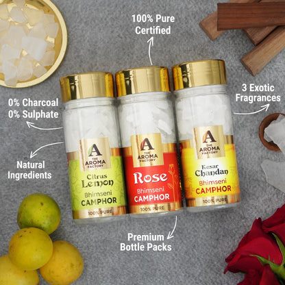 The Aroma Factory Pure Bhimseni Camphor, Citrus Lemon, Rose & Kesar Chandan  Zero Residue Kapoor with Fragrance for Pooja, Aarti Kapur | Bottle Pack of 3 x 80gm