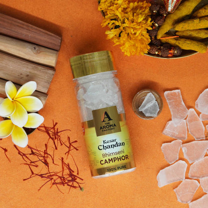 The Aroma Factory Pure Bhimseni Camphor, Citrus Lemon, Rose & Kesar Chandan  Zero Residue Kapoor with Fragrance for Pooja, Aarti Kapur | Bottle Pack of 3 x 80gm