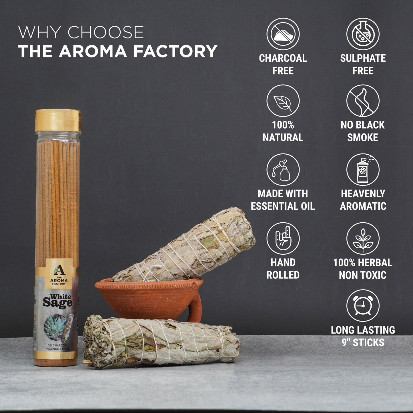 The Aroma Factory White Sage Incense Stick Agarbatti (0% Charcoal 0% Sulphates) Herbal Smudge Agarbatti Bottle Pack, 100G