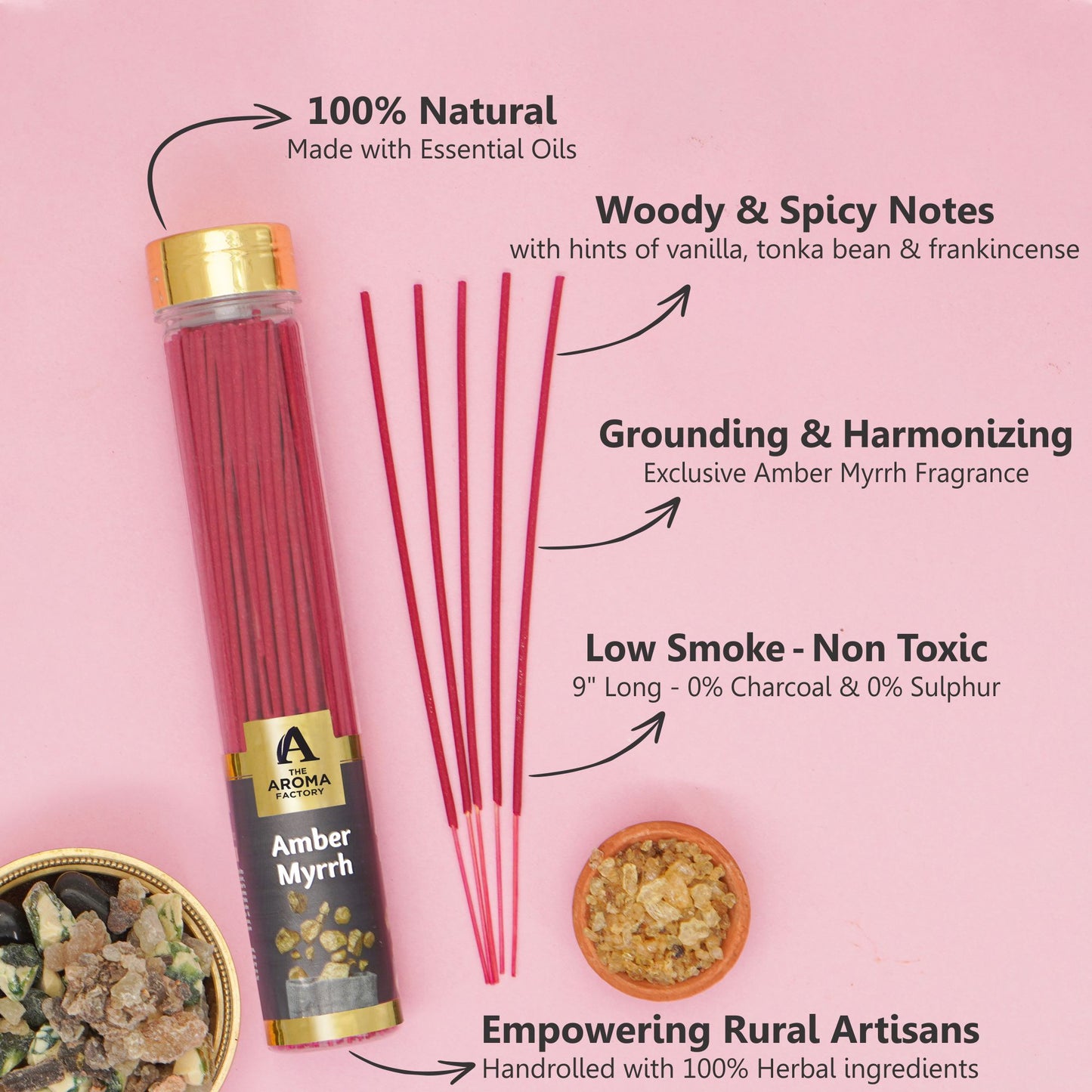 The Aroma Factory Amber & Myrrh Incense Stick (0% Charcoal 0% Sulphates) Organic & Herbal Agarbatti Bottle Pack, 100G