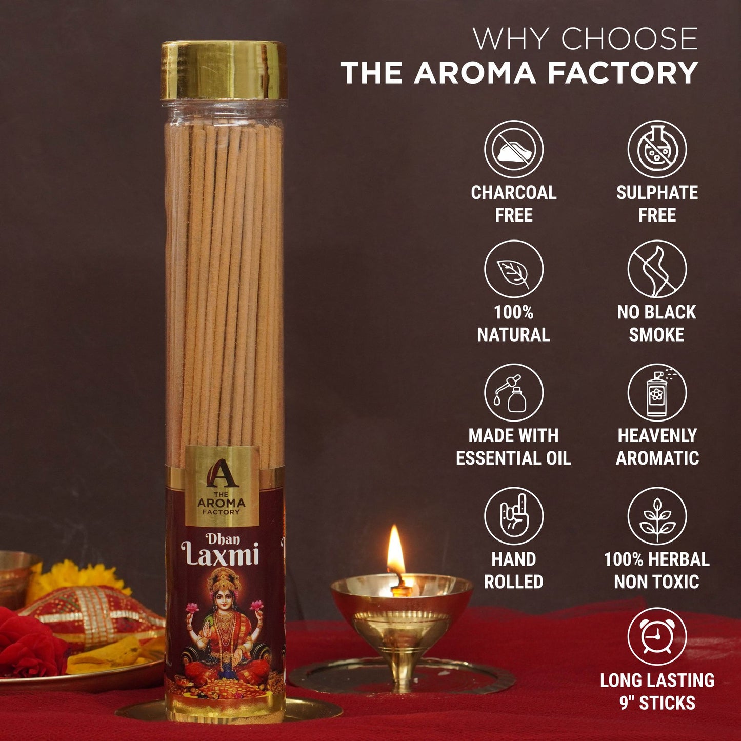 The Aroma Factory Dhan Lakshmi Incense Stick (0% Charcoal 0% Sulphates) Organic & Herbal Laxmi Bottle Pack, 100G