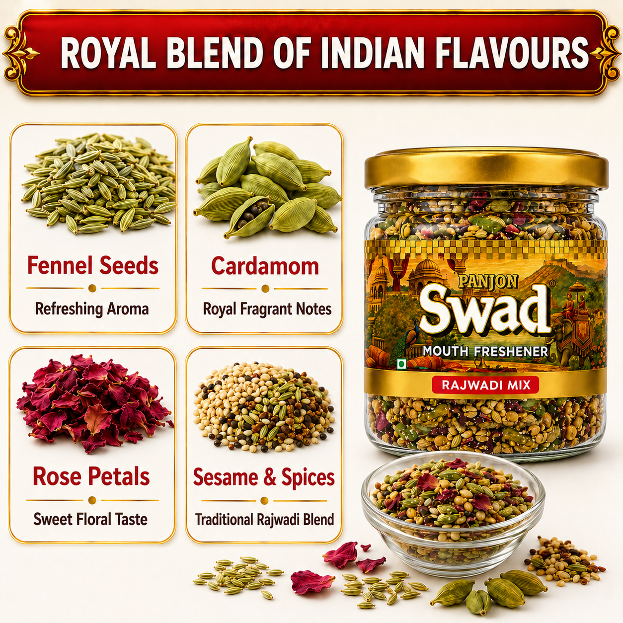 PANJON SWAD Premium Digestive Rajwadi Mix Mukhwas Collection, Ayurvedic Herbal Mouth Freshener, After-Meal Snack (130 g)