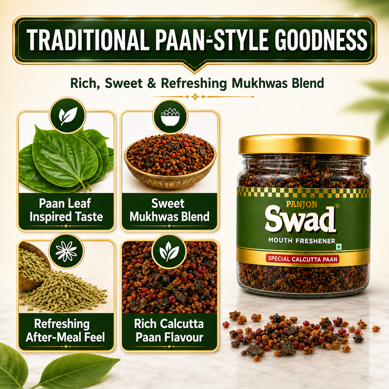 Panjon Swad Calcutta Paan Mukhwas – Mouth Freshener, 100% Natural, No Supari, After-Meal Digestive (160g)
