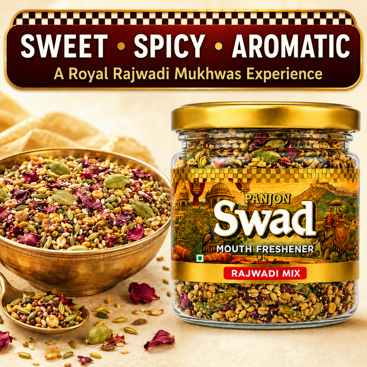 PANJON SWAD Premium Digestive Rajwadi Mix Mukhwas Collection, Ayurvedic Herbal Mouth Freshener, After-Meal Snack (130 g)