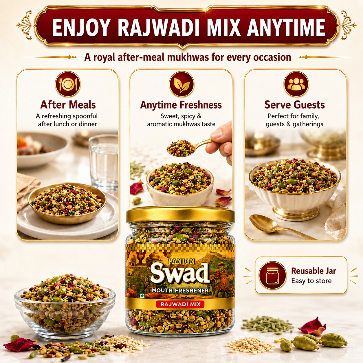 PANJON SWAD Premium Digestive Rajwadi Mix Mukhwas Collection, Ayurvedic Herbal Mouth Freshener, After-Meal Snack (130 g)