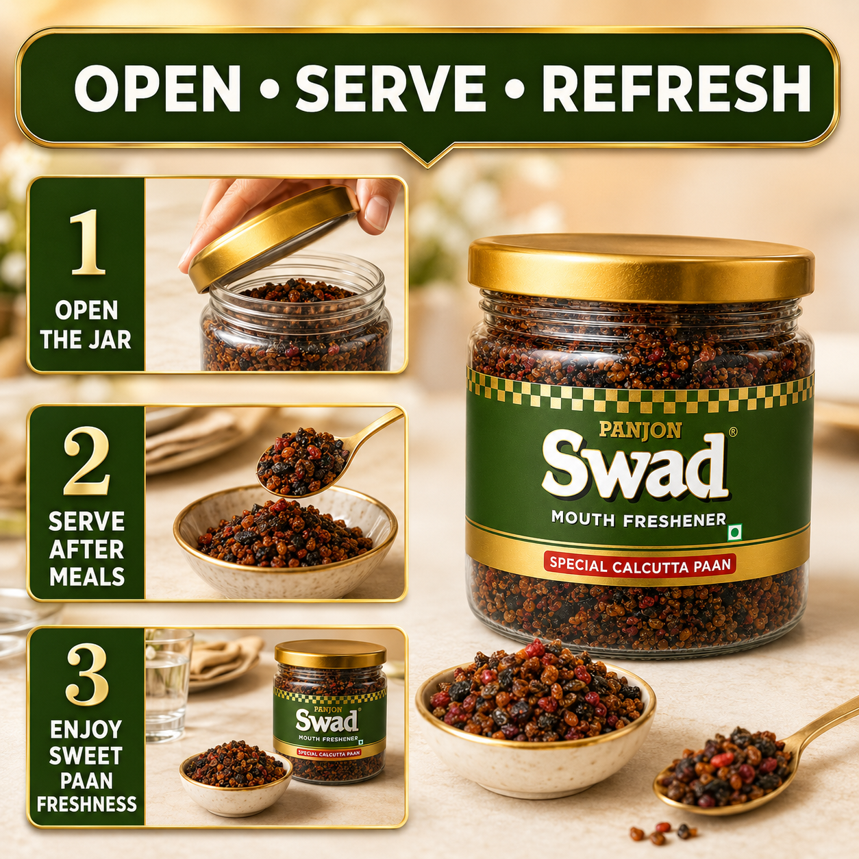 Panjon Swad Calcutta Paan Mukhwas – Mouth Freshener, 100% Natural, No Supari, After-Meal Digestive (160g)