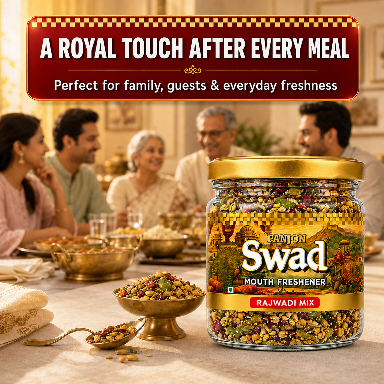PANJON SWAD Premium Digestive Rajwadi Mix Mukhwas Collection, Ayurvedic Herbal Mouth Freshener, After-Meal Snack (130 g)