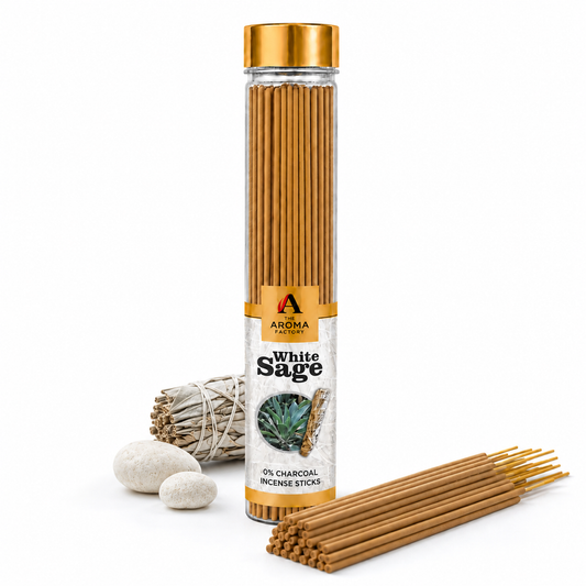 The Aroma Factory White Sage Agarbatti – Natural Herbal Incense Sticks for Pooja | 0% Charcoal, Low Smoke, Long Lasting Fragrance | 9-Inch Premium Agarbatti (100g Bottle Pack)