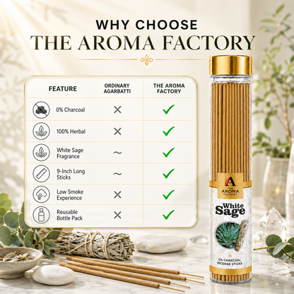 The Aroma Factory White Sage Agarbatti – Natural Herbal Incense Sticks for Pooja | 0% Charcoal, Low Smoke, Long Lasting Fragrance | 9-Inch Premium Agarbatti (100g Bottle Pack)