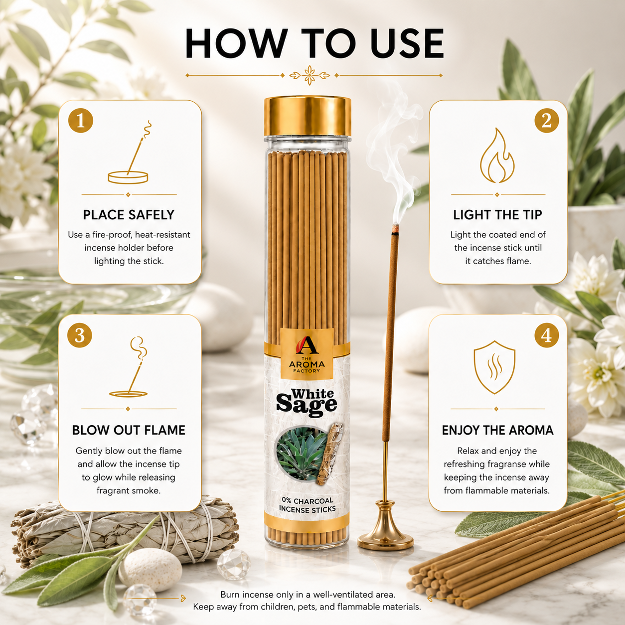 The Aroma Factory White Sage Agarbatti – Natural Herbal Incense Sticks for Pooja | 0% Charcoal, Low Smoke, Long Lasting Fragrance | 9-Inch Premium Agarbatti (100g Bottle Pack)