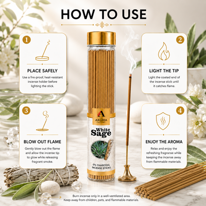 The Aroma Factory White Sage Agarbatti – Natural Herbal Incense Sticks for Pooja | 0% Charcoal, Low Smoke, Long Lasting Fragrance | 9-Inch Premium Agarbatti (100g Bottle Pack)