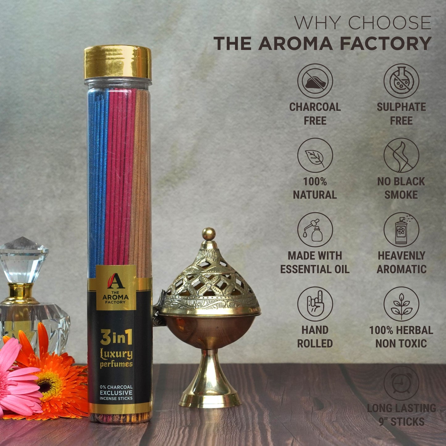 The Aroma Factory 3 In 1 Incense Stick (0% Charcoal 0% Sulphates) Floral & Fruity Mix Herbal Agarbatti Bottle Pack, 100G