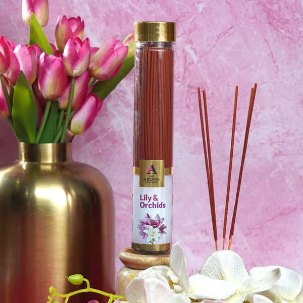 The Aroma Factory Lily & Orchid Incense Stick (0% Charcoal 0% Sulphates) Organic & Herbal Agarbatti Bottle Pack, 100G