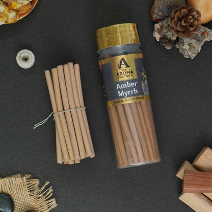 The Aroma Factory Amber & Myrrh Dhoop Stick (0% Charcoal 0% Suphates) Herbal Incense Dhoopbatti Bottle Pack, 100 g