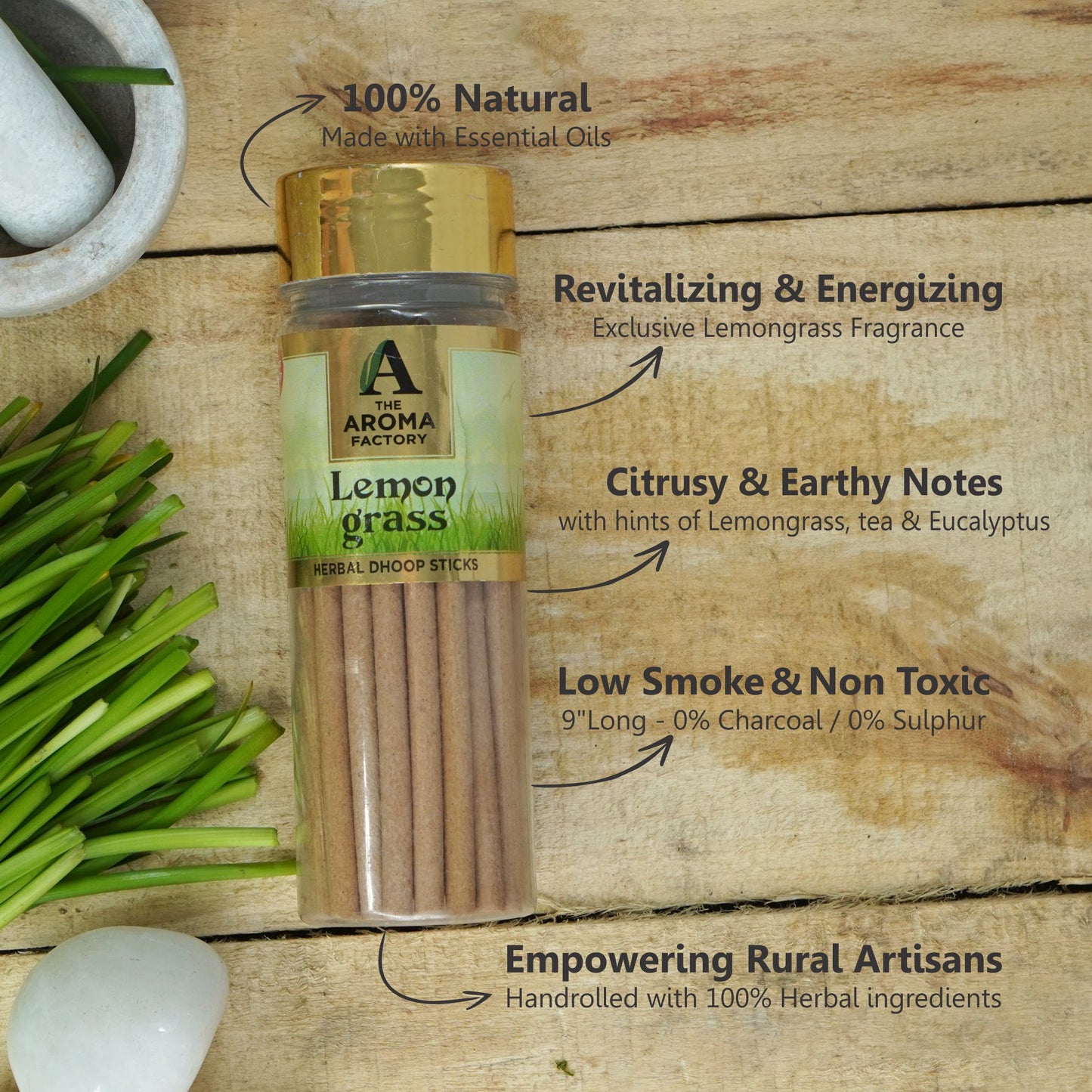 The Aroma Factory Lemongrass Dhoop Stick (0% Charcoal 0% Suphates) Herbal Incense Dhoopbatti Bottle Pack,100 g