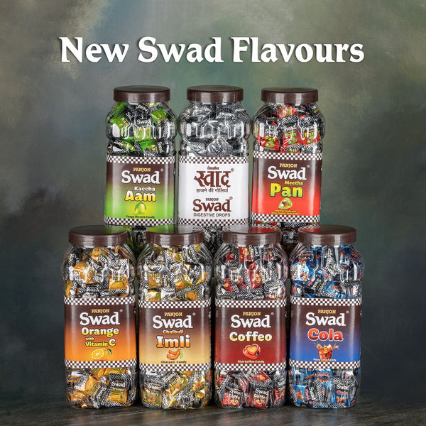 Swad Originals Candy Chocolate(Original Digestive,Paan,Kachha Aam, Imli, Cola,Orange,Coffeo,)7 Flavors Toffee Jar x 200 Each Candies