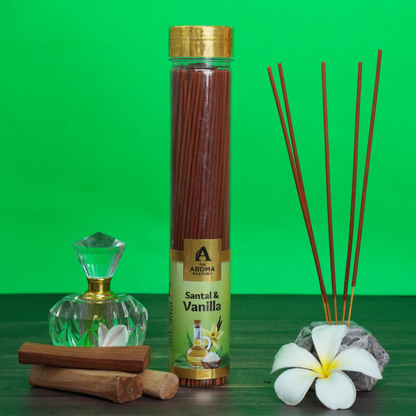 The Aroma Factory Vanilla & Santal Incense Stick (0% Charcoal 0% Sulphates) Organic & Herbal  Agarbatti Bottle Pack, 100G