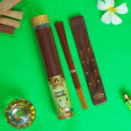 The Aroma Factory Vanilla & Santal Incense Stick (0% Charcoal 0% Sulphates) Organic & Herbal  Agarbatti Bottle Pack, 100G