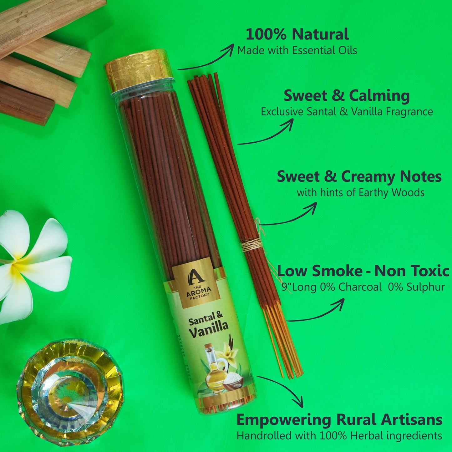 The Aroma Factory Vanilla & Santal Incense Stick (0% Charcoal 0% Sulphates) Organic & Herbal  Agarbatti Bottle Pack, 100G