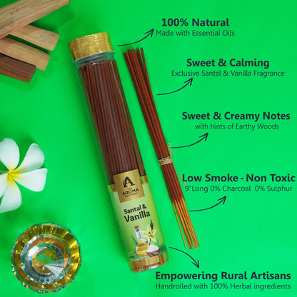The Aroma Factory Vanilla & Santal Incense Stick (0% Charcoal 0% Sulphates) Organic & Herbal  Agarbatti Bottle Pack, 100G