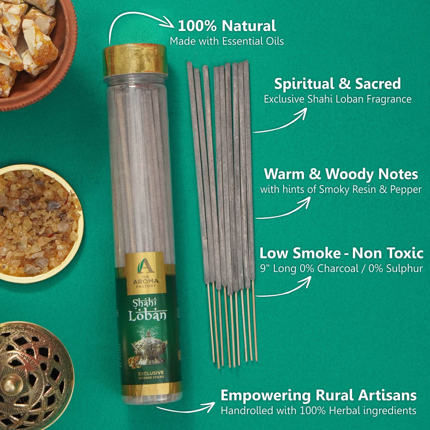 The Aroma Factory Incense Sticks (Saffron Sandal,Loban, Gugal & 3 in 1 Agarbatti) 4 bottles, Fragrance Jute Gift Pack