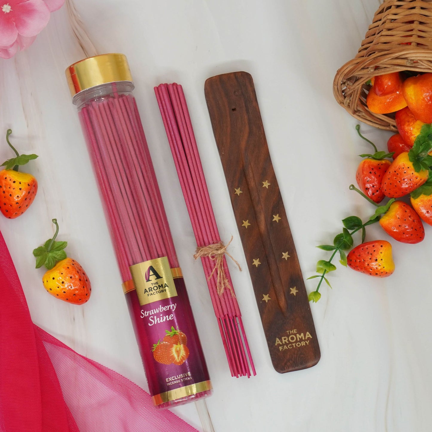 The Aroma Factory Strawberry Incense Stick (0% Charcoal 0% Sulphates) Organic & Herbal Fruity Agarbatti Bottle Pack, 100G