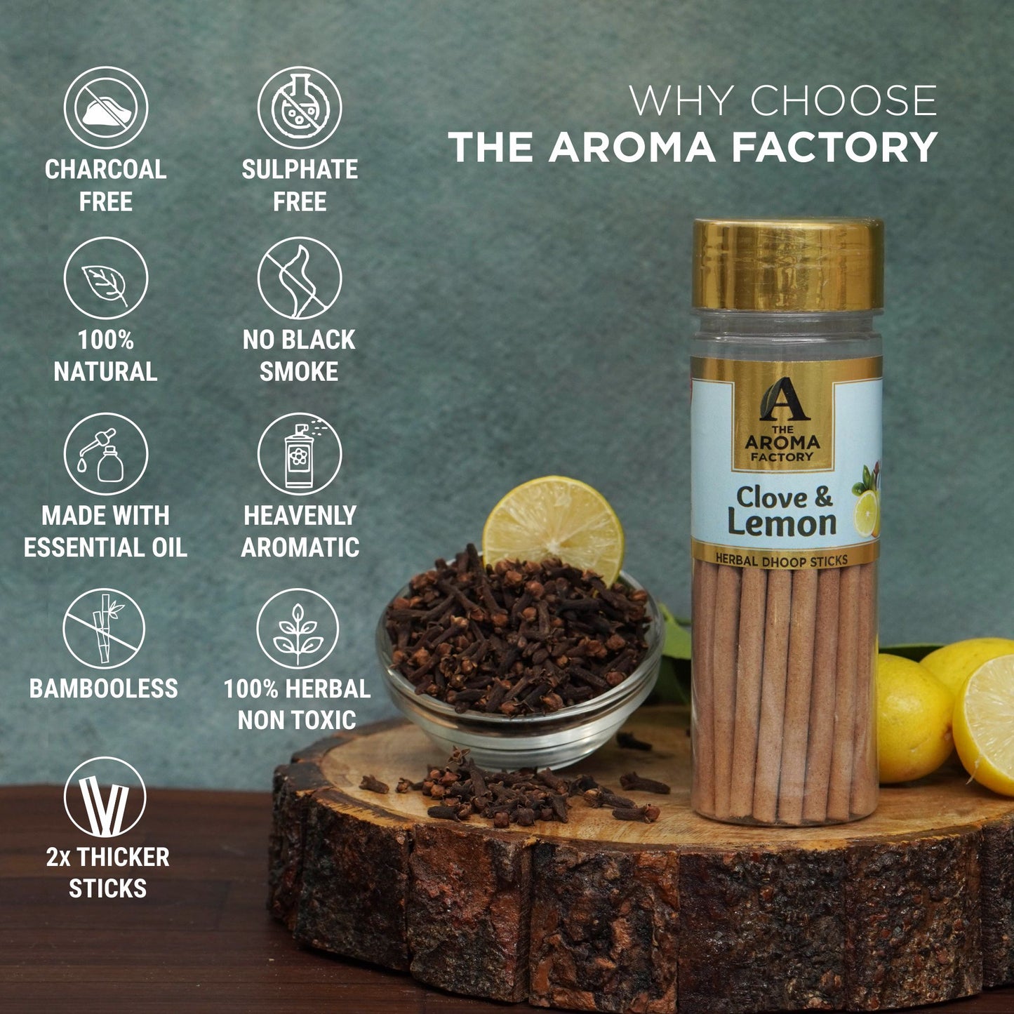 The Aroma Factory Clove & Lemon Dhoop Stick (0% Charcoal 0% Suphates) Herbal Incense Dhoopbatti Bottle Pack,100 g