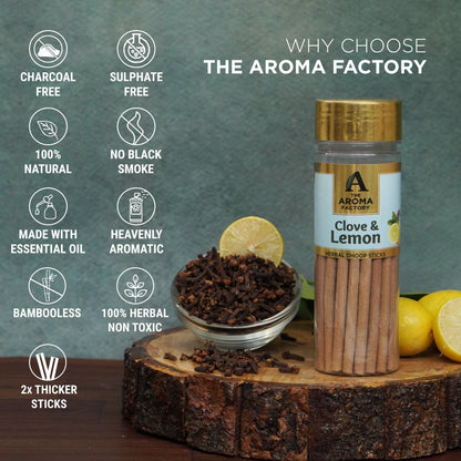 The Aroma Factory Clove & Lemon Dhoop Stick (0% Charcoal 0% Suphates) Herbal Incense Dhoopbatti Bottle Pack,100 g