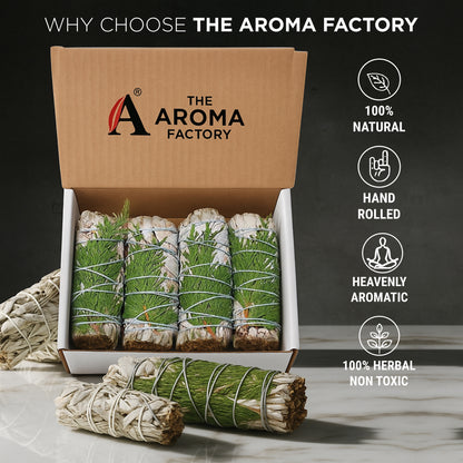 The Aroma Factory White Sage with Himalayan Cedar Leaves Bundle (Dry Leaves Smudging) 4 Bundles x 30g