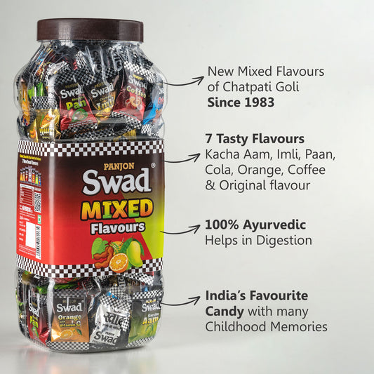 Swad Mixed Candy (Original, Kaccha Mango, Imli, Pan, Coffee, Cola, Orange) Mix Flavours, 200 Toffee Jar