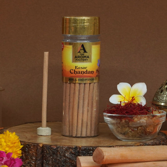 The Aroma Factory Kesar Chandan Dhoop Stick (0% Charcoal 0% Suphates) Herbal Saffron Sandal Incense Dhoopbatti Bottle Pack,100 g