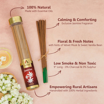 The Aroma Factory Jasmine Incense Stick Agarbatti (0% Charcoal 0% Sulphates) Herbal Agarbatti Bottle Pack, 100G