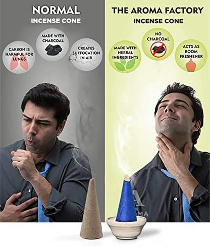 The Aroma Factory Kesar Chandan Incense Cone (0% Charcoal 0% Suphates Saffron Sandal Herbal Dhoop) Free Holder Bottle Pack, 30 Cones