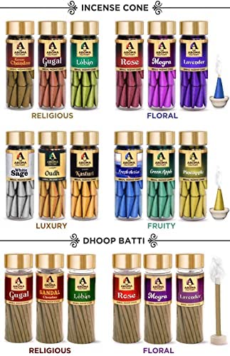 The Aroma Factory Kesar Chandan Incense Cone (0% Charcoal 0% Suphates Saffron Sandal Herbal Dhoop) Free Holder Bottle Pack, 30 Cones