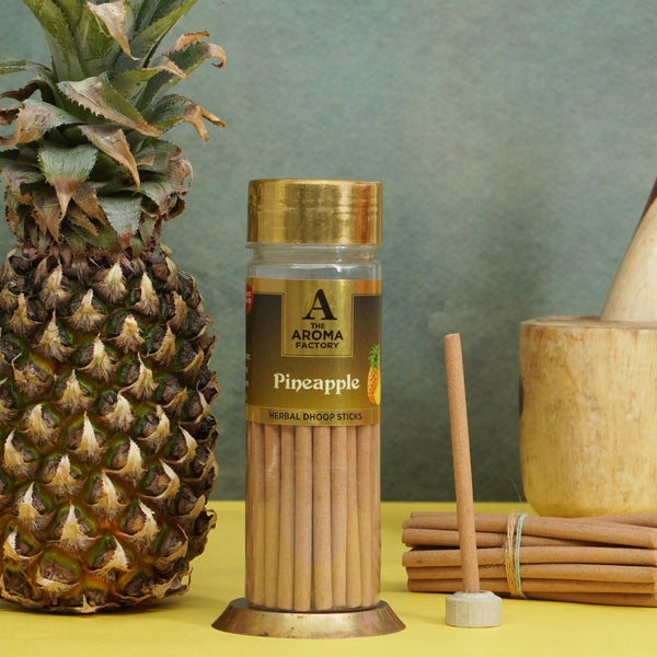 The Aroma Factory Pineapple Dhoop Stick (0% Charcoal 0% Suphates) Herbal Bambooless Incense Dhoopbatti Bottle Pack, 75g