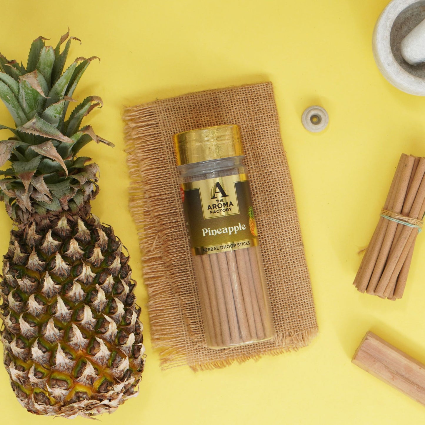 The Aroma Factory Pineapple Dhoop Stick (0% Charcoal 0% Suphates) Herbal Bambooless Incense Dhoopbatti Bottle Pack, 100 g