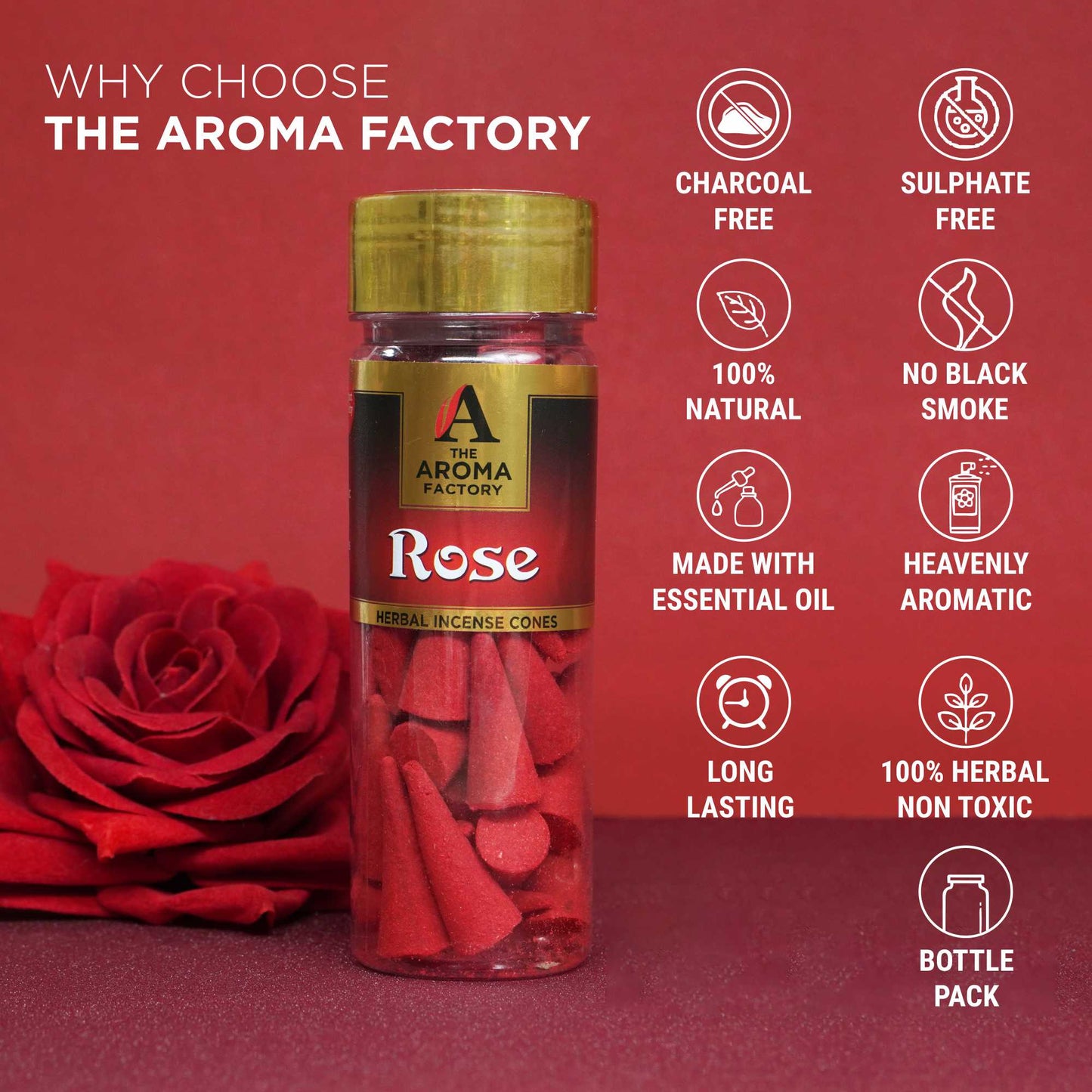 The Aroma Factory  Rose Incense Cone (0% Charcoal 0% Suphates Herbal Dhoop) Free Holder Bottle Pack, 30 Cones