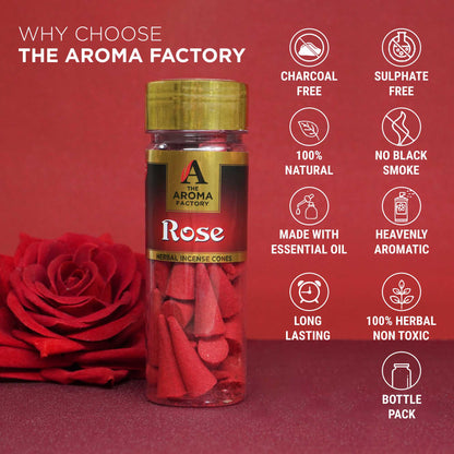 The Aroma Factory  Rose Incense Cone (0% Charcoal 0% Suphates Herbal Dhoop) Free Holder Bottle Pack, 30 Cones