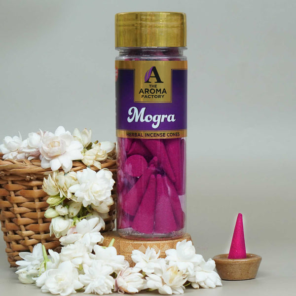 The Aroma Factory Mogra Incense Cone (0% Charcoal 0% Suphates Herbal Dhoop) Free Holder Bottle Pack, 30 Cones