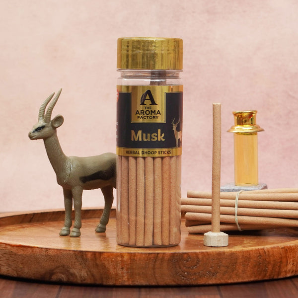 The Aroma Factory Kasturi Musk Dhoop Stick (0% Charcoal 0% Suphates) Herbal Bambooless Incense Dhoopbatti Bottle Pack, 75g