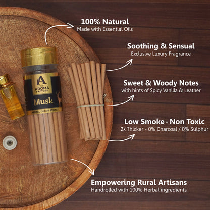 The Aroma Factory Kasturi Musk Dhoop Stick (0% Charcoal 0% Suphates) Herbal Bambooless Incense Dhoopbatti Bottle Pack, 100 g