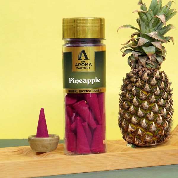 The Aroma Factory Pineapple Incense Cone (0% Charcoal 0% Suphates Herbal Dhoop) Free Holder Bottle Pack, 30 Cones