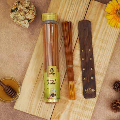 The Aroma Factory Honey & Amber Incense Stick (0% Charcoal 0% Sulphates) Herbal Agarbatti Bottle Pack, 100G